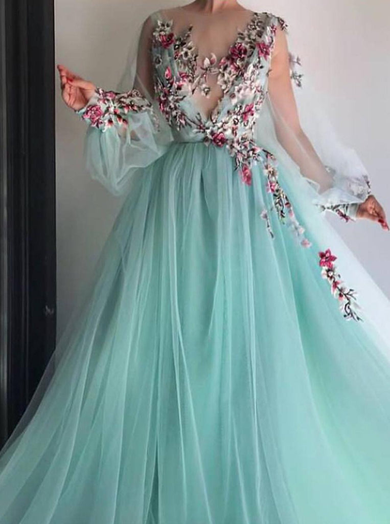 chic princess scoop floral applliques long puff sleeves prom dress
