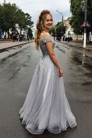 Chic Sliver Beaded Off the Shoulder Long Prom Dress V Neck Tulle Gradution Gown GP308