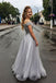 chic sliver beaded off the shoulder long prom dress v neck tulle gradution gown