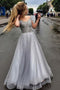 Chic Sliver Beaded Off the Shoulder Long Prom Dress V Neck Tulle Gradution Gown GP308