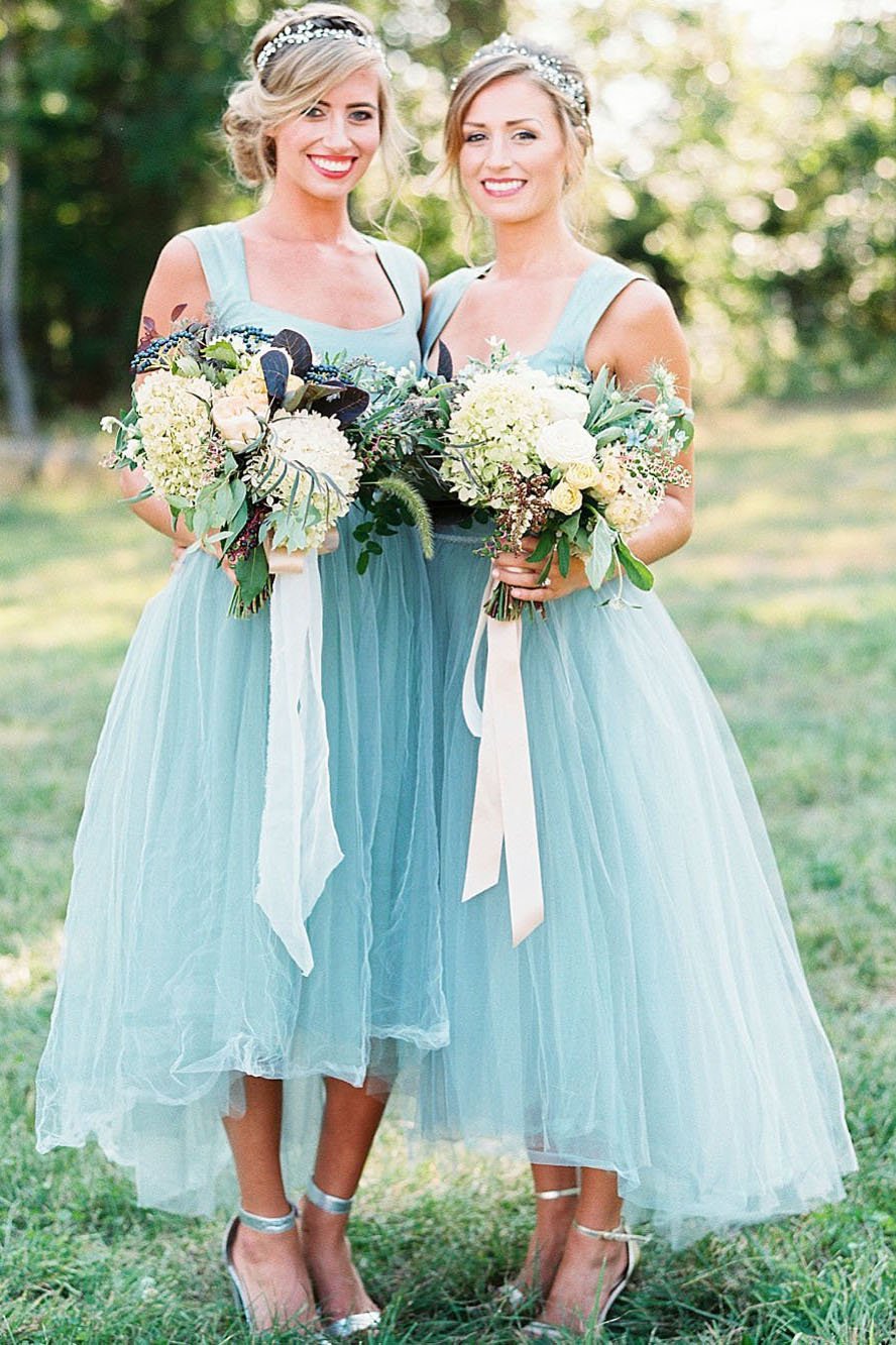 chic straps short asymmetrical bridesmaid dresses mint green tulle pb163