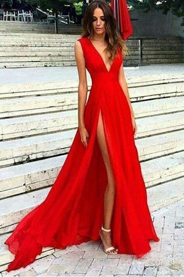 a line v neck chiffon red long prom dress, sexy red evening dress with split mp945