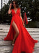 a line v neck chiffon red long prom dress red evening dress with split