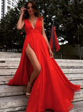 a line v neck chiffon red long prom dress red evening dress with split