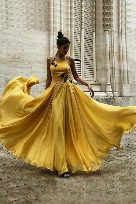 chiffon yellow long prom dress a line halter with butterfly appliques mp872