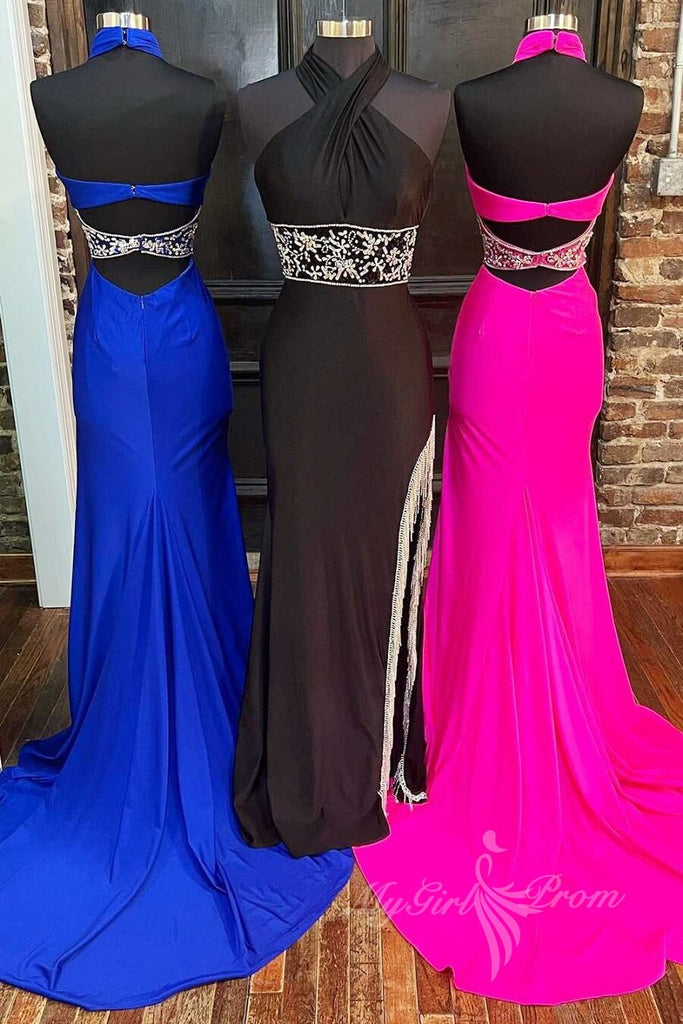 cross front beaded fringe hot pink long prom evening dresses with slit
