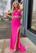 cross front beaded fringe hot pink long prom evening dresses with slit