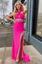 Cross-Front Beaded Fringe Hot Pink Long Prom Evening Dresses with Slit GP479