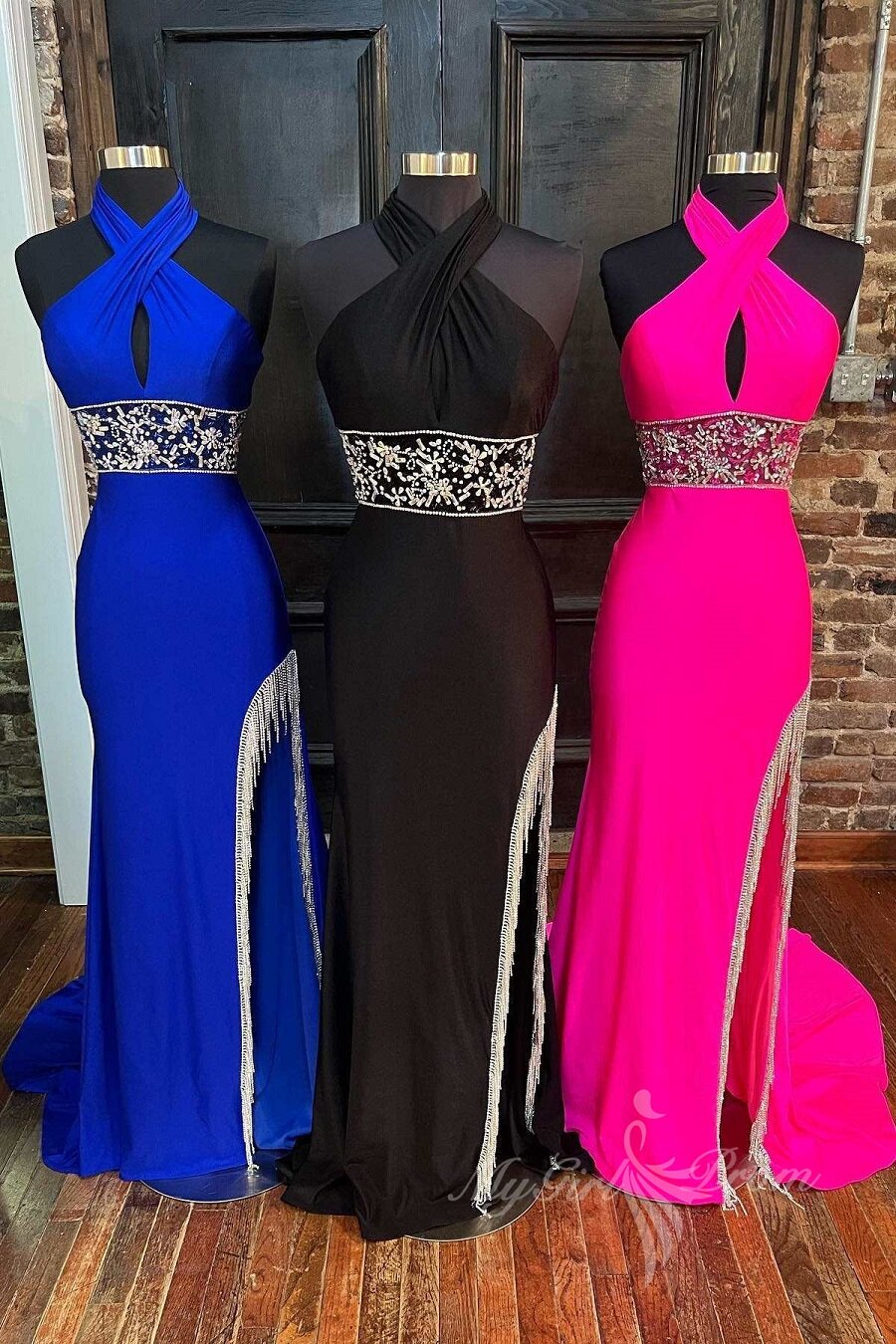 Cross-Front Beaded Fringe Hot Pink Long Prom Evening Dresses with Slit GP479