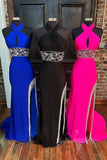 cross front beaded fringe hot pink long prom evening dresses with slit