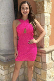 Cross Neck Hot Pink Sequin Homecoming Graduation Dresses, Tight Party Dress GM593