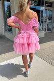 cute a line scoop neck pink tulle homecoming dresses with feather sleeves