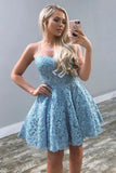 Backless Blue Lace Short Homecoming Dresses, Blue Lace Graduation Dresses GM536