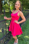 Simple Hot Pink Satin Short Homecoming Dresses, Backless Graduation Party Dress GM559