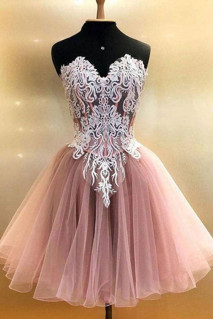 cute ivory lace pink tulle short prom dress sweetheart homecoming dress