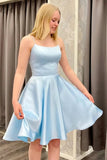 Simple Light Blue Satin Homecoming Dresses, Lace Up Short Prom Dress GM554