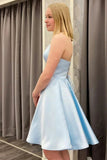 Simple Light Blue Satin Homecoming Dresses, Lace Up Short Prom Dress GM554