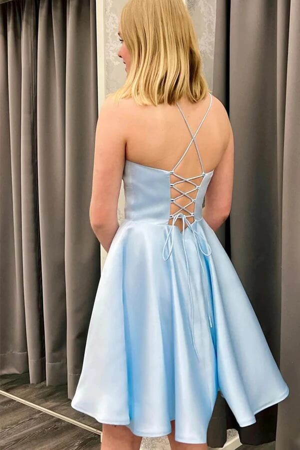 simple light blue satin homecoming dresses lace up short prom dress
