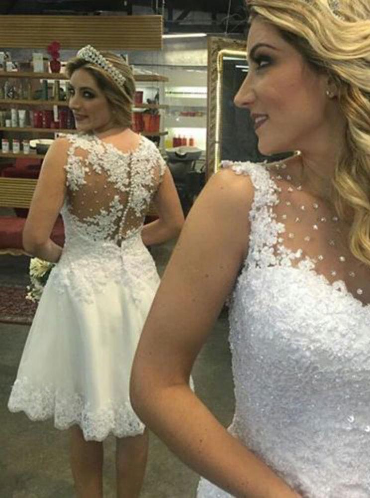 cute short wedding dress lace applique beaded bridal gown