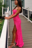 Hot Pink Sequins Sheath Long Prom Dress, Sparkly Strapless Evening Gown GP327