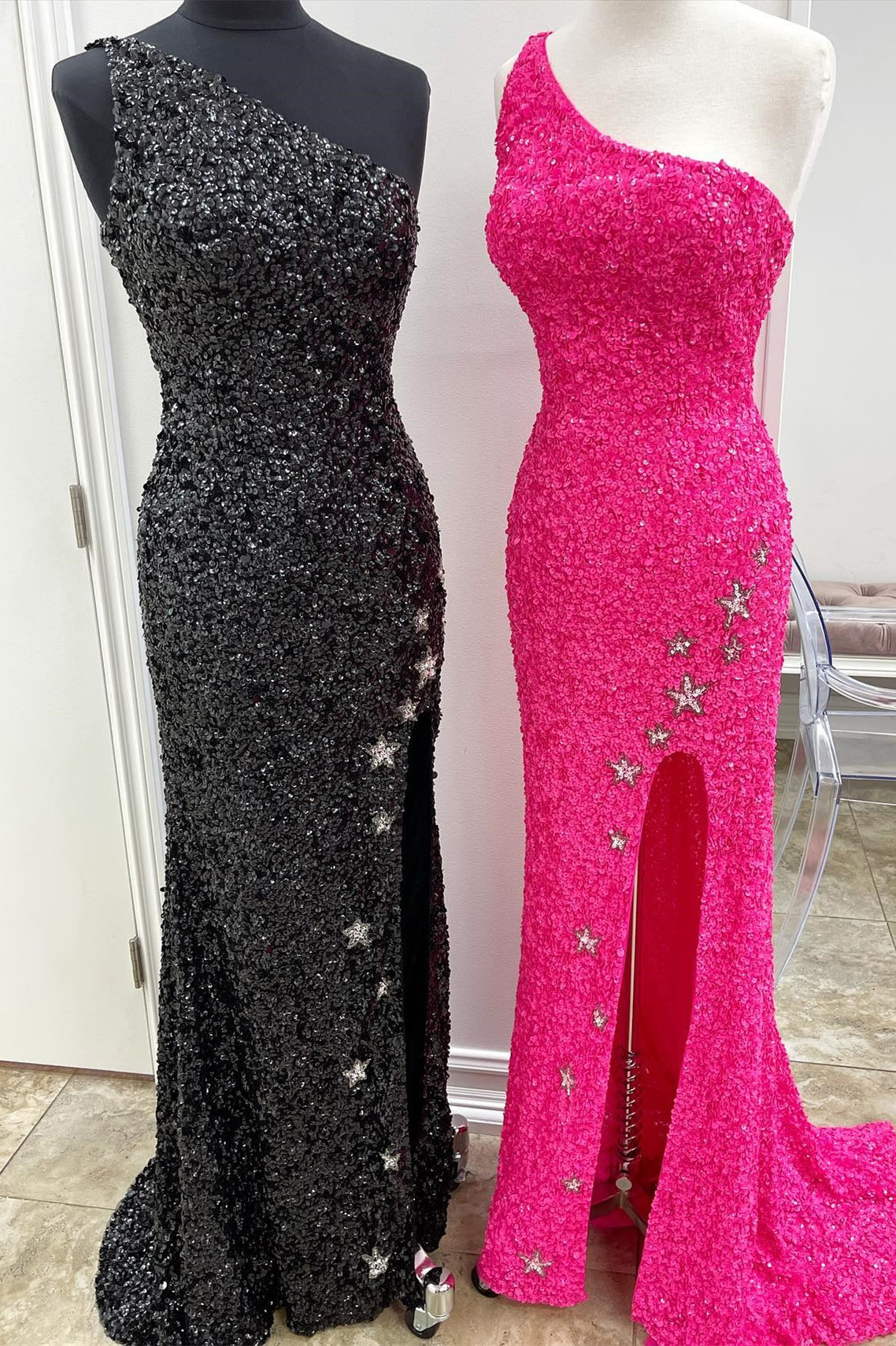 One Shoulder Sparkly Mermaid Sequins Formal Dresses with Stars GP251