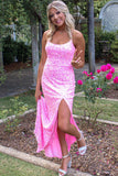 Pink Sequins Mermaid Long Prom Dress, Spaghetti Straps Evening Gown With Split GP326