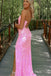pink sequins mermaid long prom dress spaghetti straps evening gown with split