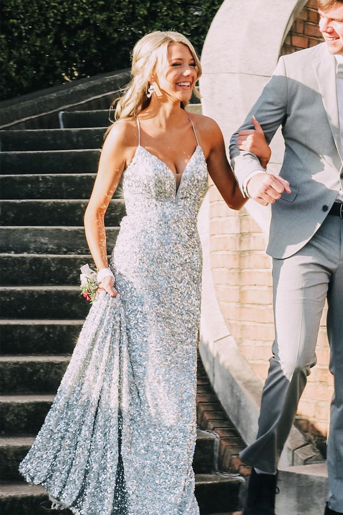 silver sequin mermaid long prom dresses backless evening gown
