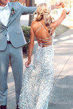 Silver Sequin Mermaid Long Prom Dresses, Backless Evening Gown GP215