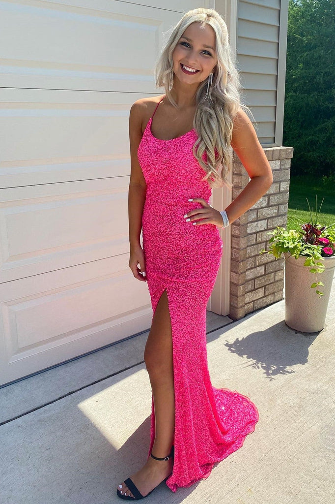 glitter hot pink mermaid sparkly prom dress with slit long evening gown