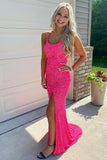 Glitter Hot Pink Mermaid Sparkly Prom Dress with Slit, Long Evening Gown GP214