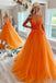stunning appliques v neck a line orange tulle long prom dresses