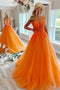 Stunning Appliques V-Neck A-Line Orange Tulle Long Prom Dresses GP359