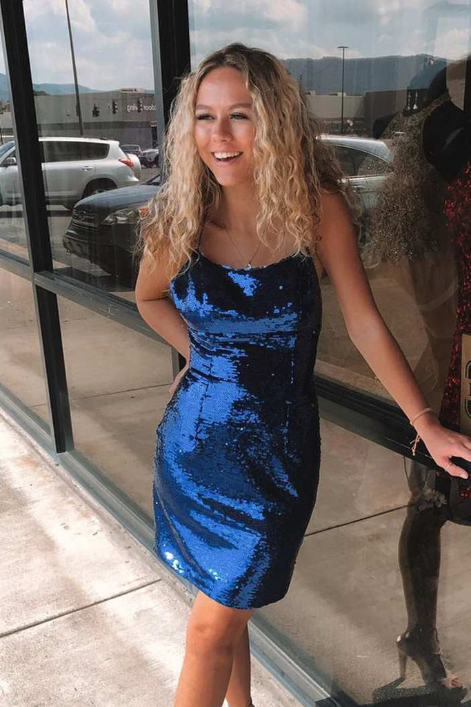 shiny sequined spaghetti straps navy blue homecoming dress sheath cocktail party dress