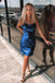 shiny sequined spaghetti straps navy blue homecoming dress sheath cocktail party dress
