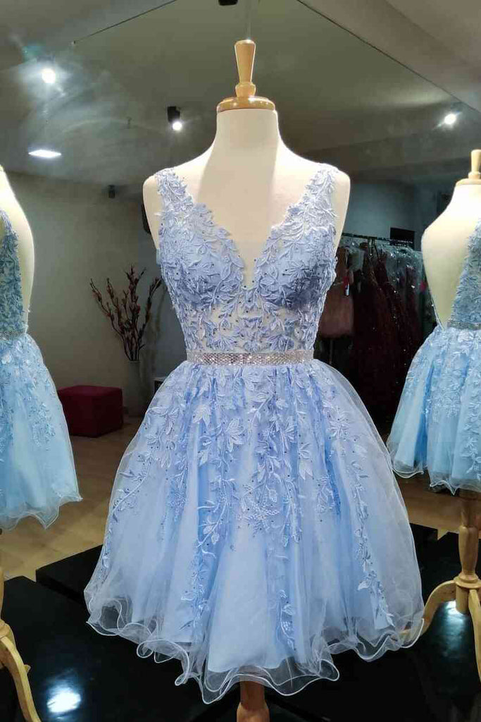 a line v neck blue sleeveless beaded short prom dresses lace homecoming dresses