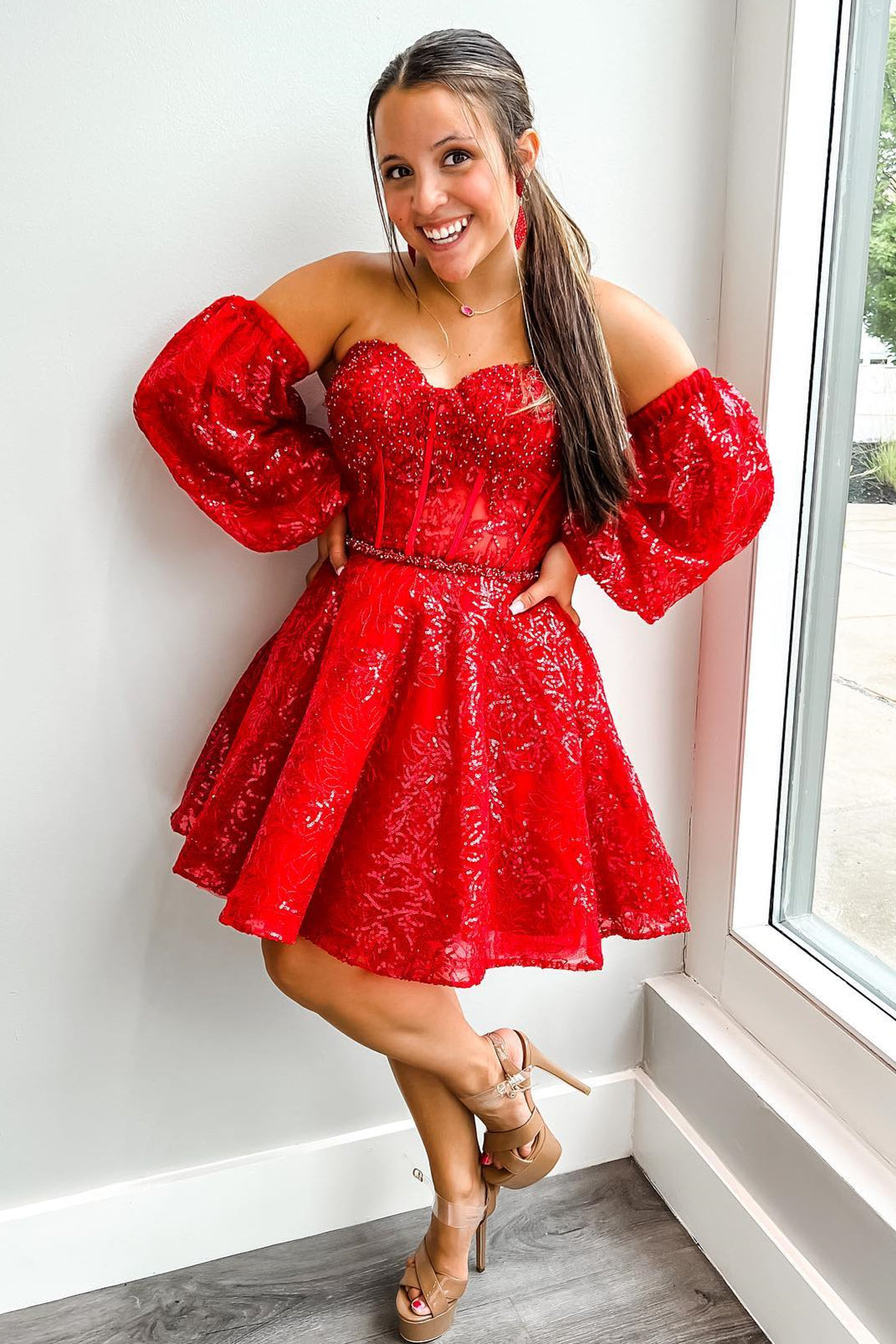 Detachable Sleeve Red Lace Corset A-Line Short Homecoming Dresses GM537