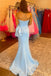 sweetheart light blue bowknot long prom dress mermaid formal dress with split
