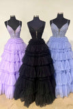 Long Prom Dress With Layered, Spaghetti Straps V Neck Appliques Beading Party Dress