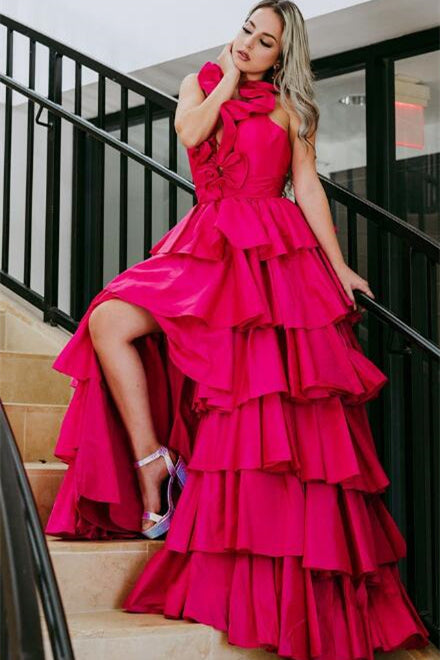 unique ruffles halter red tiered satin pleated long prom dresses