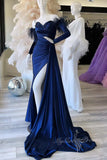 red sweetheart slit satin long prom dresses with detachable feathers sleeves