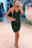 dark green sequined homecoming dress spaghetti straps tight party gown