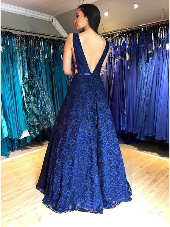 a line v neck beading dark blue lace backless long prom dress