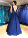 a line v neck beading dark blue lace backless long prom dress