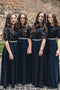 Half Sleeves Black Bridesmaid Dresses Lace Bodice Waist Beaded PB150