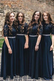 dark blue half sleeves bridesmaid dresses lace bodice waist beaded pb150