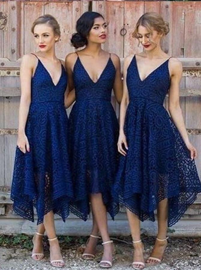 dark blue spaghetti straps v neck asymmetrical lace bridesmaid dress