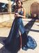 dark blue lace long prom dress v neck backless evening dress