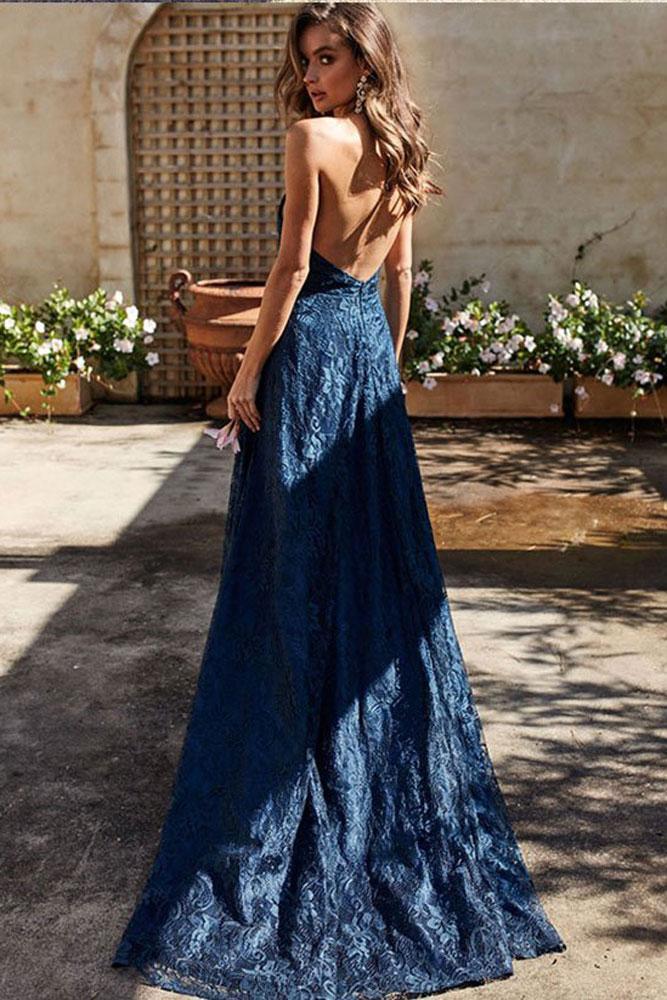 dark blue lace long prom dress v neck backless evening dress