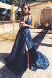 dark blue lace long prom dress v neck backless evening dress